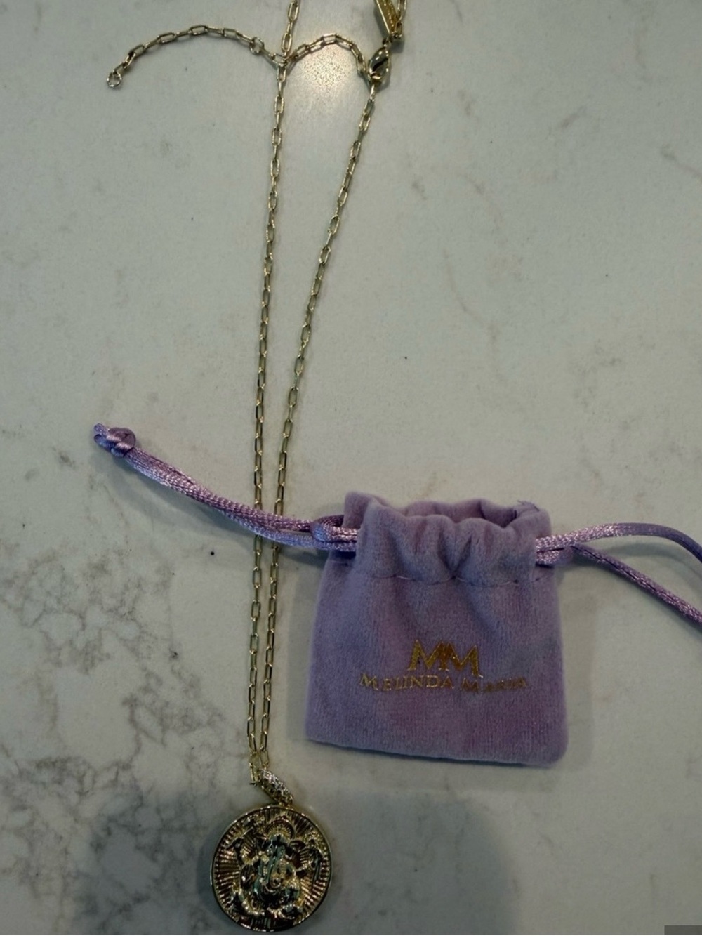 Melinda Maria Gold-Tone Coin Pendant Necklace with Lavender Pouch NEW